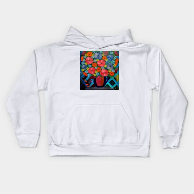 Colorblock layered background and mixed flowers in Bright colors in a vase Kids Hoodie by kkartwork